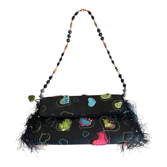 Mary Frances Handbags - Rare! Vintage Mary Frances Black Shoulder Bag Beaded Colorful Heart Accents